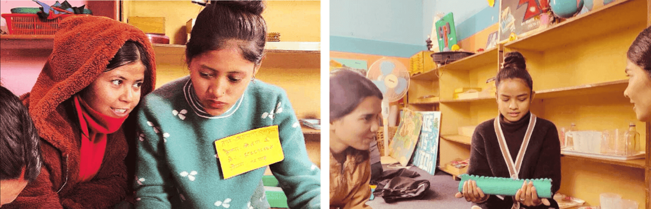 Two images of young women in a classroom setting. In the first, they are focused on something out of view; one is wearing a red hoodie. In the second, a girl is holding a piece of green fabric, while the others watch attentively. Shelves are in the background.