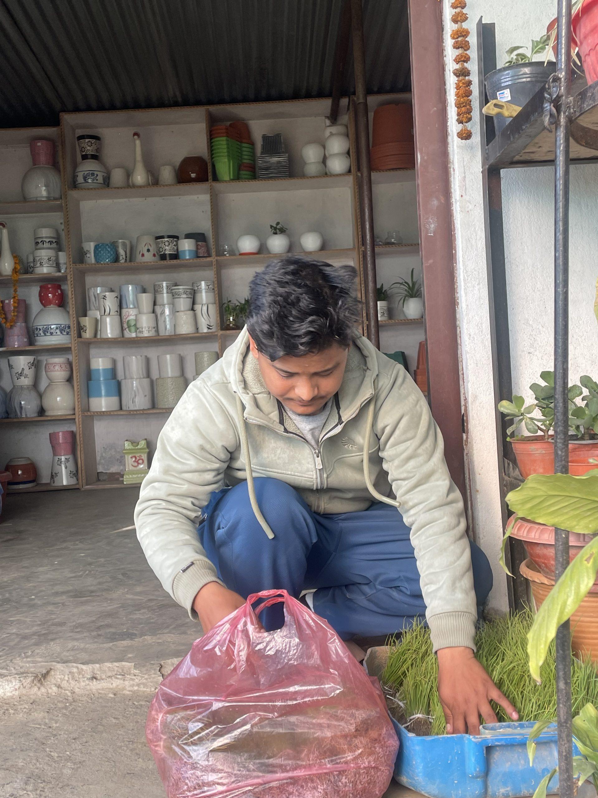 A person crouches on the floor, planting seedlings in a small blue container. They are surrounded by shelves filled with various pots and vases. A red plastic bag sits nearby. The setting appears to be a plant shop or nursery.