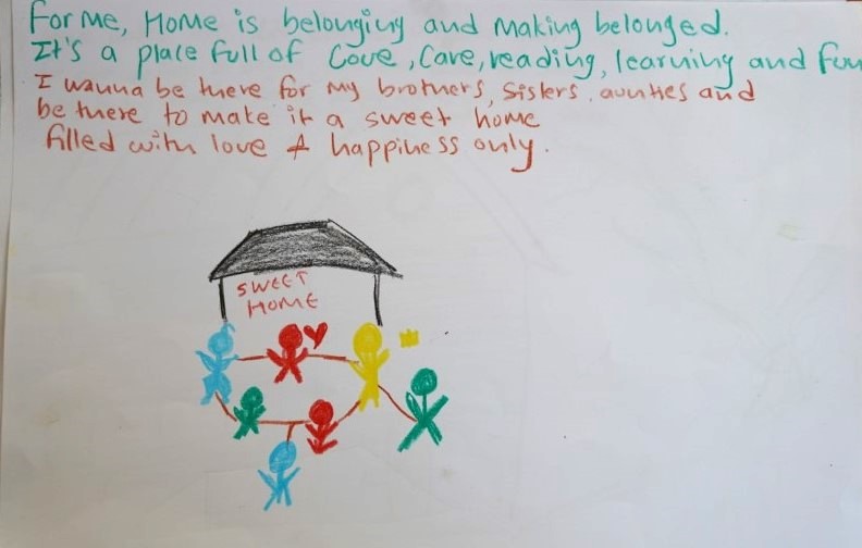 A child's drawing of a house labeled "sweet home" with colorful stick figures holding hands. The text reads about home being a place of belonging, love, and happiness for family members.