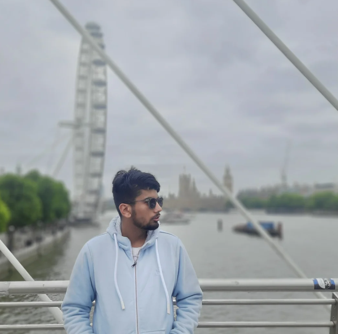 A man wearing sunglasses and a light blue hoodie stands on a bridge with the London Eye and River Thames in the background on a cloudy day.