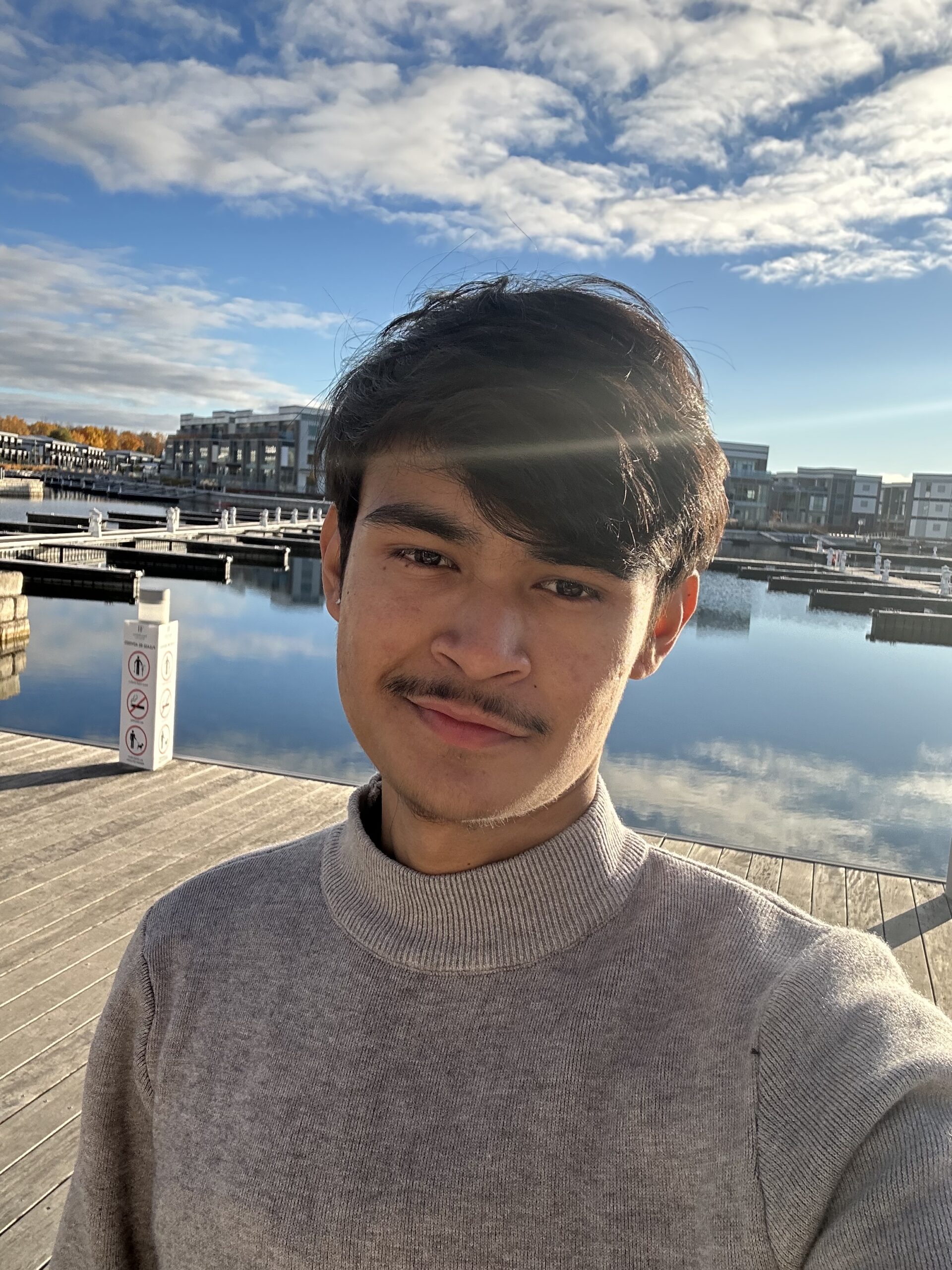 A young man with short dark hair and a light mustache wears a beige sweater, smiling while taking a selfie on a sunny day by a calm waterfront with docked boats and modern buildings in the background.