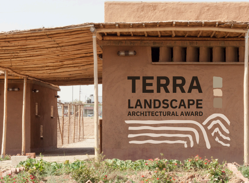 A rammed earth building with the words "Terra Landscape Architectural Awards" in the foreground.